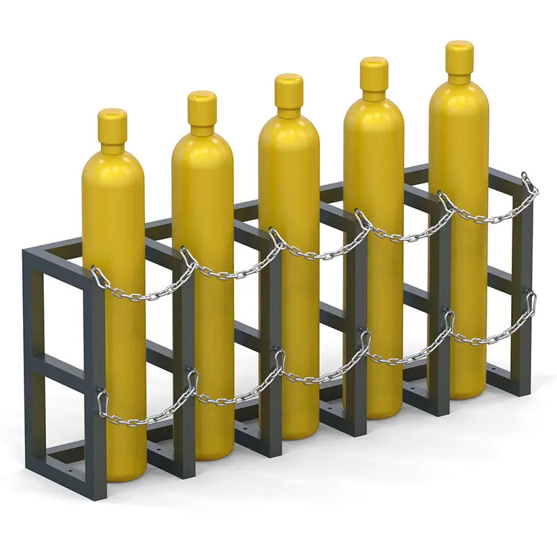 Gas cylinder rack R5X1 holding five compressed gas cylinders secured with metal chains