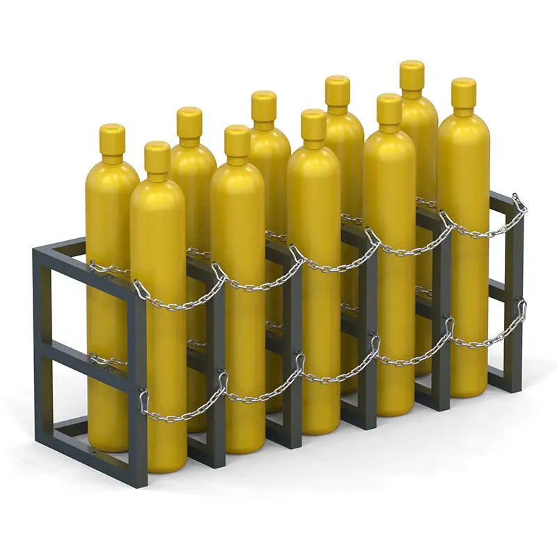 Ten compressed gas cylinders held in a gas cylinder storage rack
