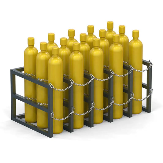 15 compressed gas cylinders held in a gas cylinder storage rack