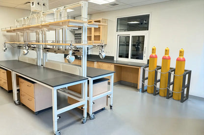 laboratory with lab benches, cabinets, tables and gas cylinder racks