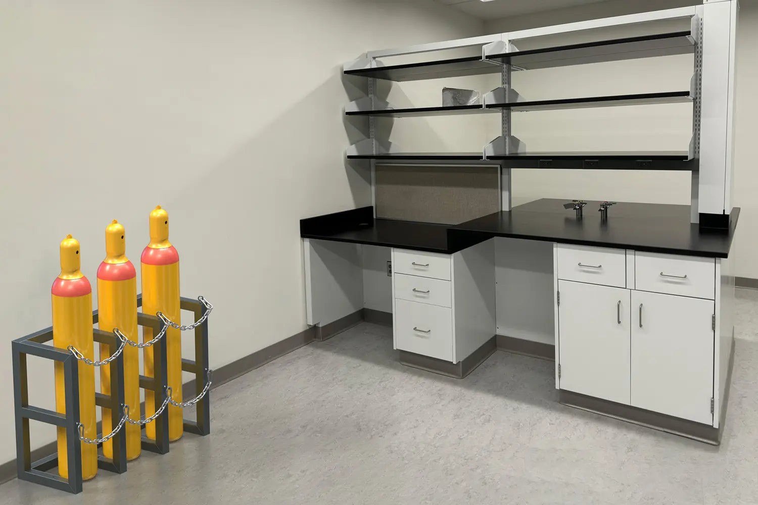 laboratory with lab benches, cabinets, tables and gas cylinder racks