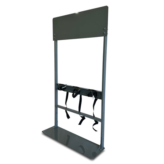 Steel process station gas cylinder rack with elevated control mounting panel and triple restraint straps