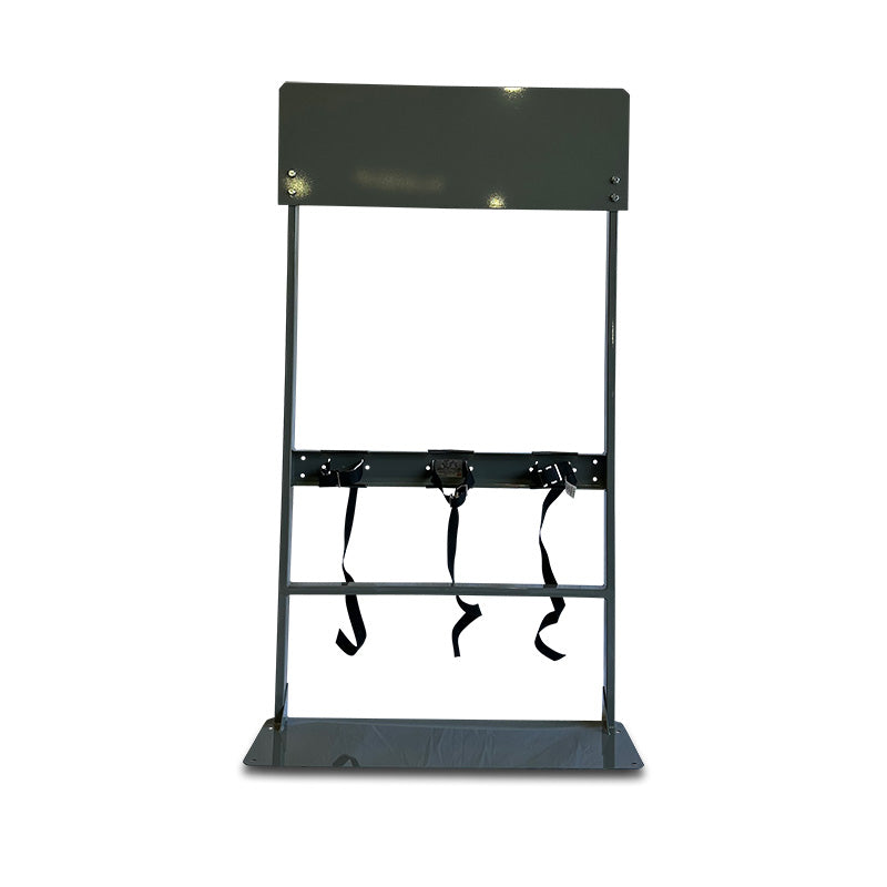 Steel process station gas cylinder rack with elevated control mounting panel and triple restraint straps