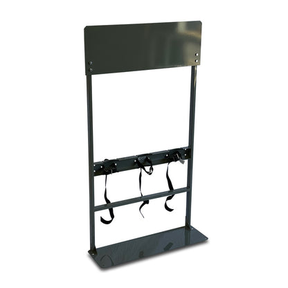 Steel process station gas cylinder rack with elevated control mounting panel and triple restraint straps